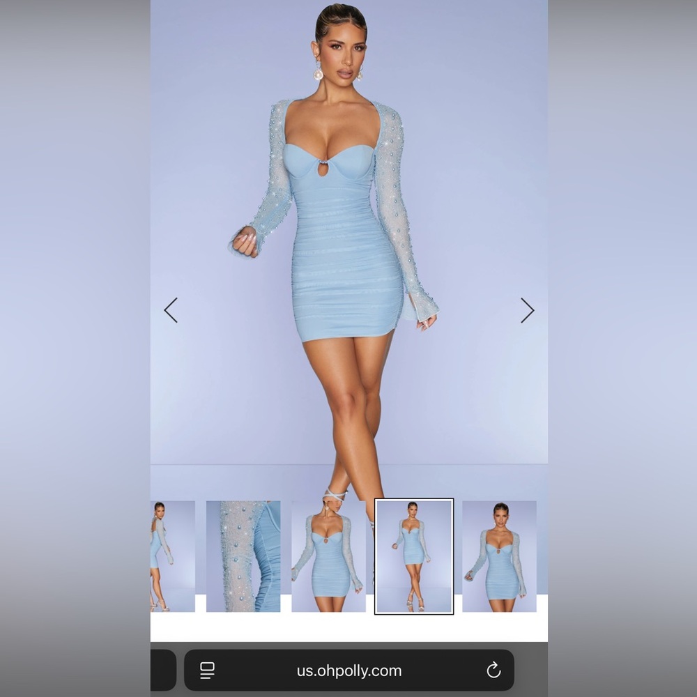 Oh Polly Embellished Long Sleeve Mini Dress in Blue